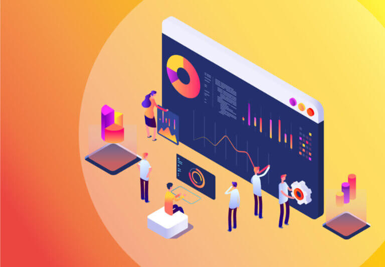 An isometric illustration showing six people analyzing data on large screens. The screens display various charts, including pie, bar, and line graphs. People interact with the data using laptops and holographic interfaces. The background is a gradient of orange and yellow.