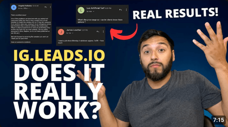 A man with a surprised expression stands in front of a dark blue background. Bold white and yellow text reads, "IG.LEADS.IO DOES IT REALLY WORK?" Speech bubbles display email excerpts above his head with the words "REAL RESULTS!" in large white letters.