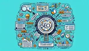 A colorful SEO infographic on a teal background, filled with icons and text highlighting various aspects of SEO, including keywords, meta tags, content quality, backlinks, audits, and site speed. The central text reads "SEO Friendly" surrounded by interconnected features.